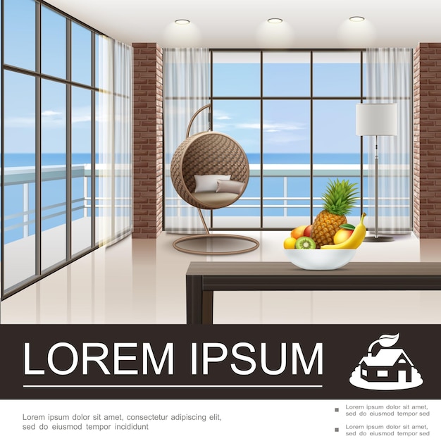 Manifesto interno realistico del salone con il piatto moderno della lampada della sedia di vimini di frutta sulla tavola e sul paesaggio del mare fuori dall'illustrazione delle finestre