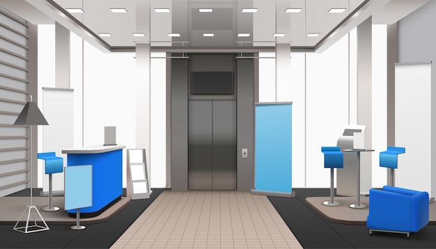 Realistic Lobby Interior Blue Elements