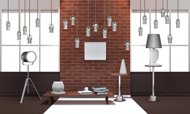 Realistic Loft Interior With Hanging Lamps
