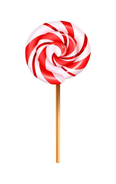 Realistic lollipop composition with image of sweet candy on wooden stick on transparent background vector illustration