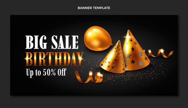 Realistic luxury golden birthday sale banner