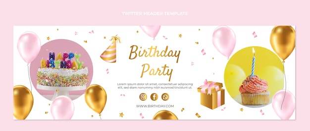 Vettore gratuito intestazione twitter di compleanno dorato di lusso realistico