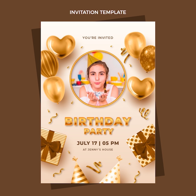 Realistic luxury golden happy birthday invitation