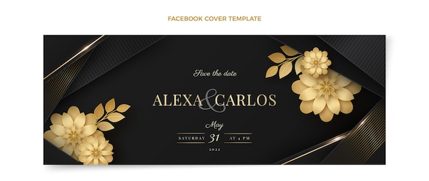 Реалистичная роскошная золотая свадебная обложка facebook