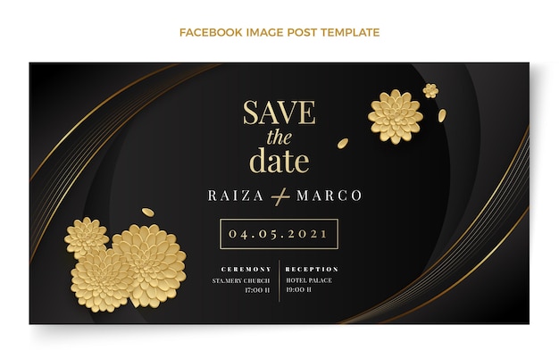 Бесплатное векторное изображение Реалистичная роскошная золотая свадьба в фейсбуке