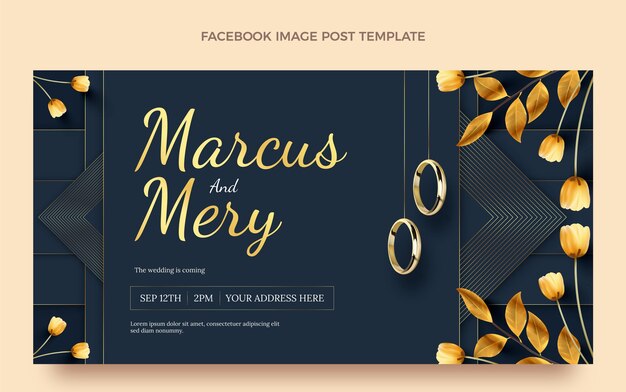 Free vector realistic luxury golden wedding facebook post