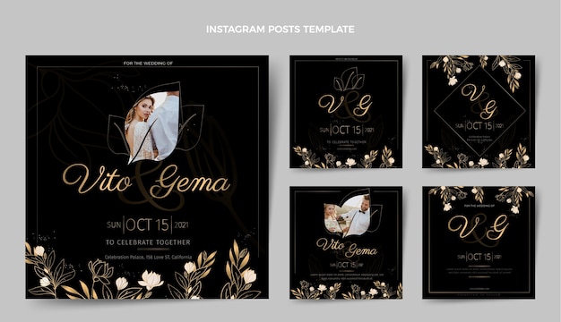 Free vector realistic luxury golden wedding instagram posts