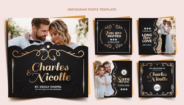 Free vector realistic luxury golden wedding instagram posts