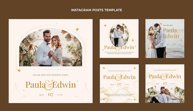 Free vector realistic luxury golden wedding instagram posts