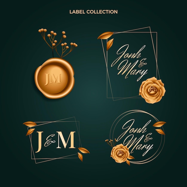 Free vector realistic luxury golden wedding labels collection