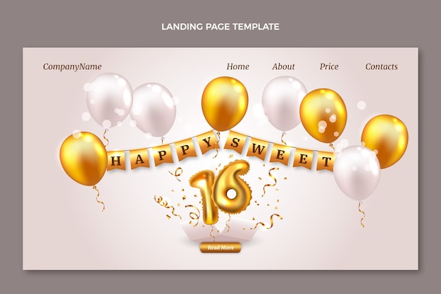 Realistic luxury sweet 16 landing page with balloons