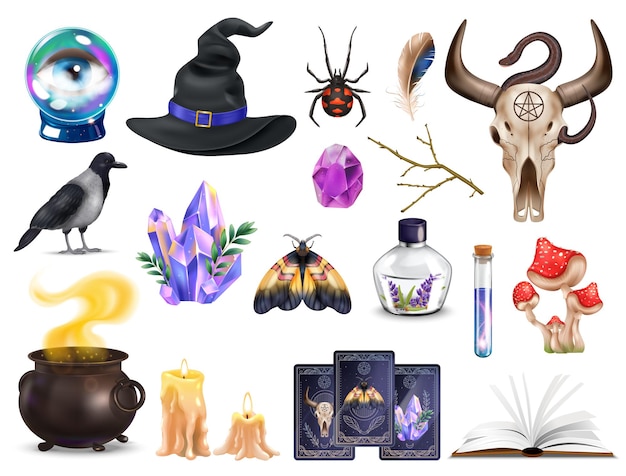 Free vector realistic magic witchcraft icon set witchs attributes glass ball witchs hat potion magic cards fly agaric and spell books vector illustration