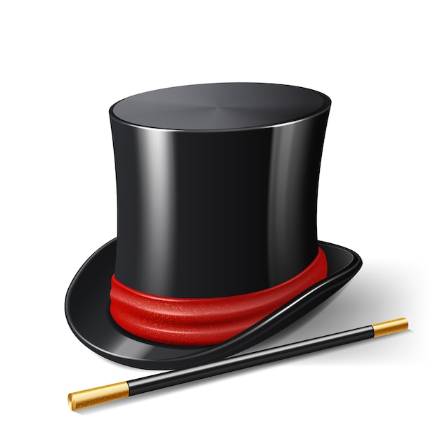 Realistic magician hat with magic stick 