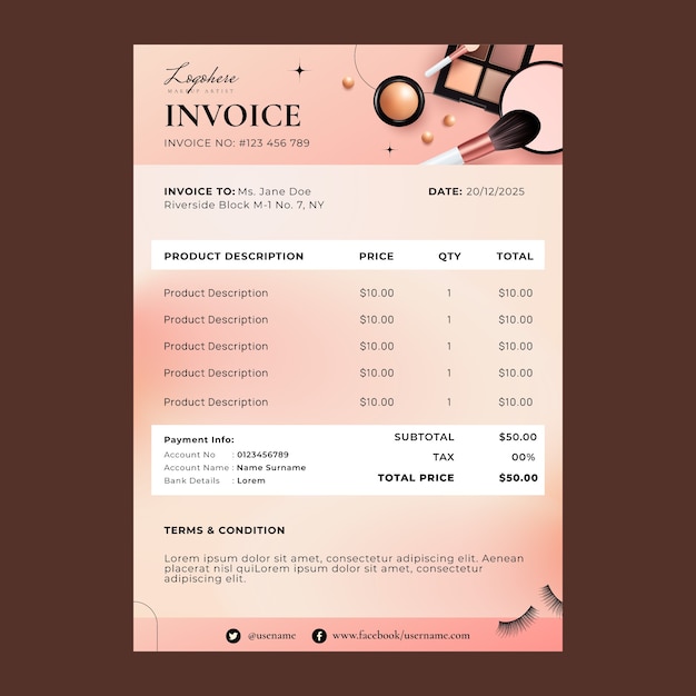 Realistic makeup artist invoice template