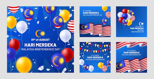 Free vector realistic malaysia independence day instagram posts collection