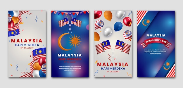 Free vector realistic malaysia independence day instagram stories collection