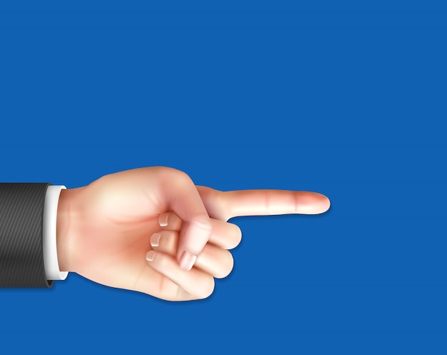 Realistic male hand with pointing index finger on  blue