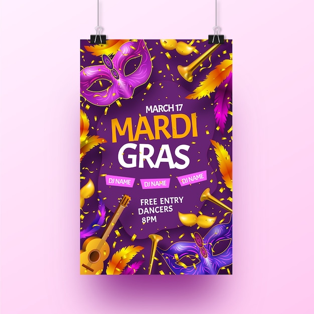 Realistic mardi gras flyer template concept