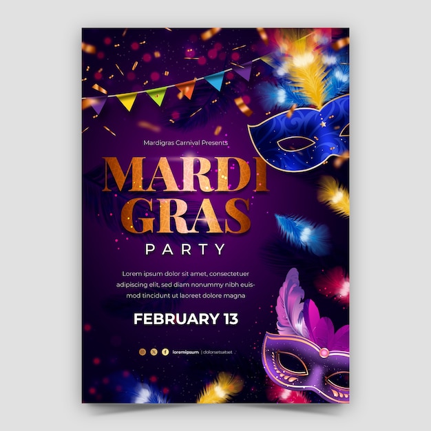 Vettore gratuito modello di poster verticale di mardi gras realistico