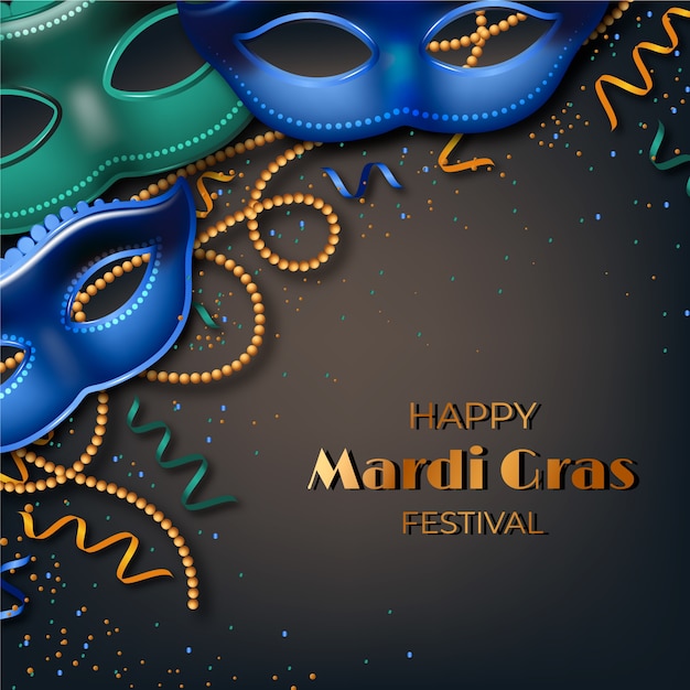 Free vector realistic mardi gras with masks and beads