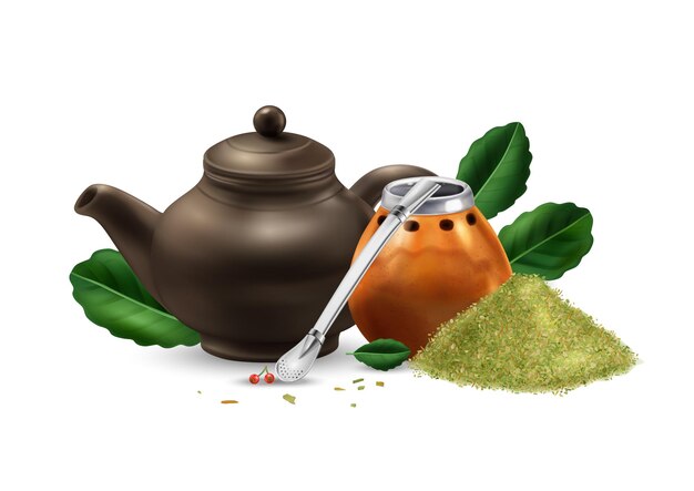 Realistic mate tea accessories with calabash bombilla teapot and green leaves illustration