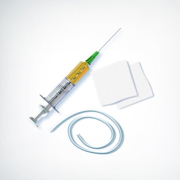 Реалистичный медицинский набор со шприцем перед прививочными салфетками и жгутом на белом изолированном