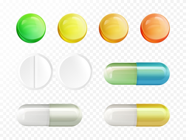 無料ベクター 現実的な医療薬 - 着色と白丸の丸薬とカプセルセット