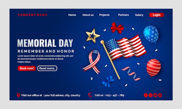 Free vector realistic memorial day landing page template