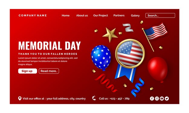 Realistic memorial day landing page template