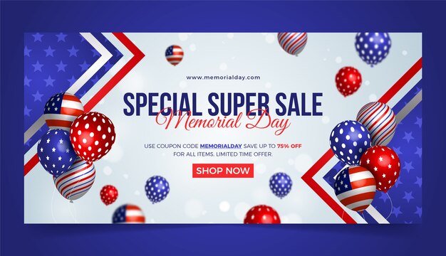 Realistic memorial day sale horizontal banner template