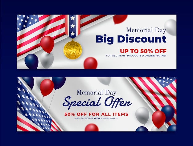 Realistic memorial day sale horizontal banners pack