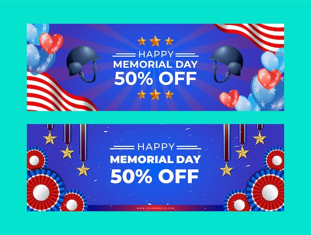 Realistic memorial day sale horizontal banners pack