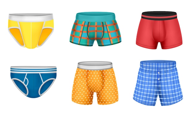 Vettore gratuito mutande da uomo realistiche con boxer slip tronchi di diversi colori illustrazione vettoriale isolata