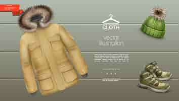 Vettore gratuito modello di vestiti invernali da uomo realistico con cappello lavorato a maglia giacca e scarpe da ginnastica su strisce