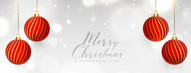 Realistic merry christmas balls white bokeh banner design