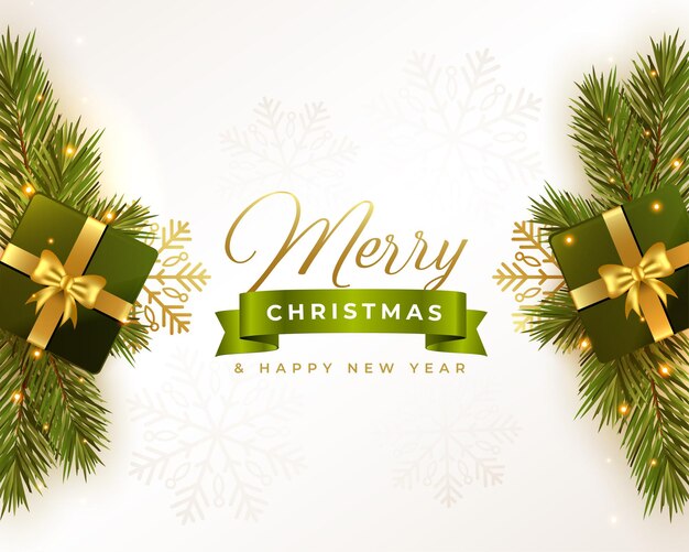 Realistic merry christmas festival greeting with giftboxes and tree leaves