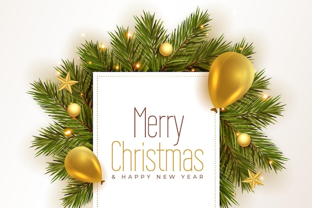 Realistic merry christmas greeting with 3d golden balloons and decorations