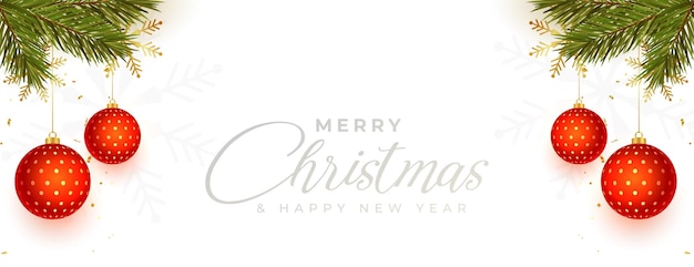 Free vector realistic merry christmas and new year banner with xmas balls and pine tree leaves