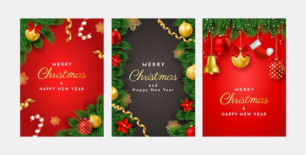 Realistic merry christmas season greeting cards set