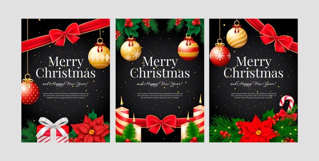 Realistic merry christmas season greeting cards set