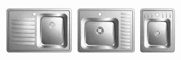 Free vector realistic metal sink icon set three different metal sinks with a drying area vector illustration