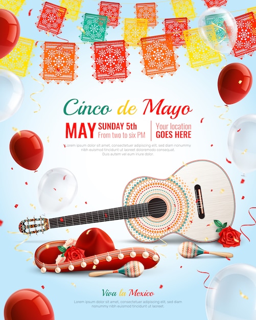 Realistic mexican holiday cinco de mayo composition with sombrero maracas guitar balloons