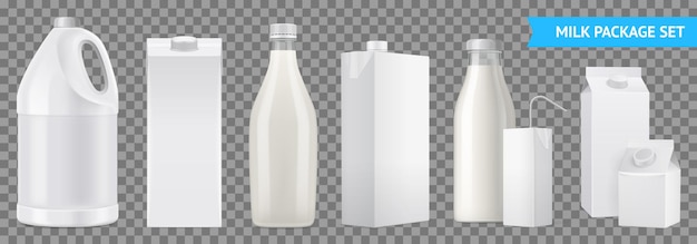 Realistic milk package transparent icon set