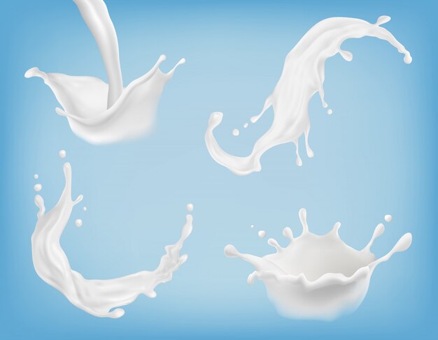 現実的なミルクまたはヨーグルトの飛沫、流れるクリーム、抽象的な白ブロット、乳白色の渦巻き