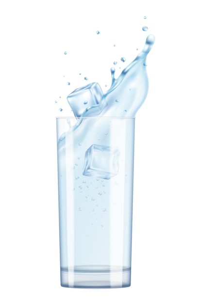 Free vector realistic mineral water bottle composition with isolated image of glass of water with ice on blank background vector illustration