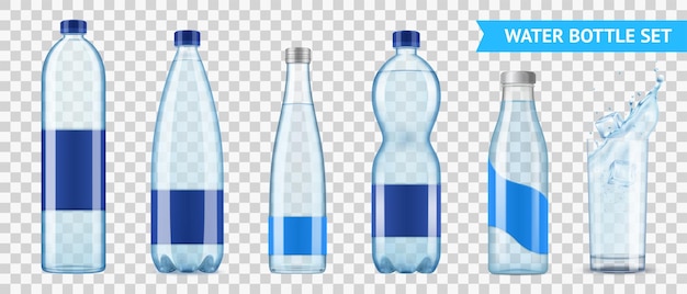 Set di bottiglie di acqua minerale realistiche di sei immagini isolate di bottiglie di plastica per liquidi su sfondo trasparente illustrazione vettoriale