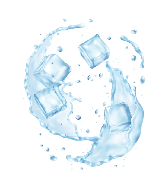 Realistic mineral water composition with view of ice cubes with water splashes on blank background vector illustration