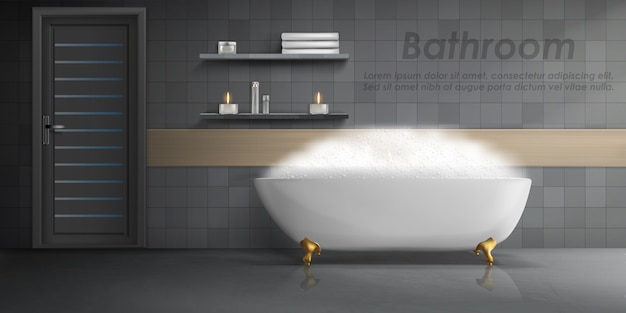 Realistic mockup of bathroom interior, big white ceramic bathtub with foam, shelves