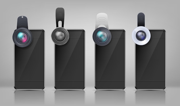 Realistic mockup, black smartphones with various clip-on lenses