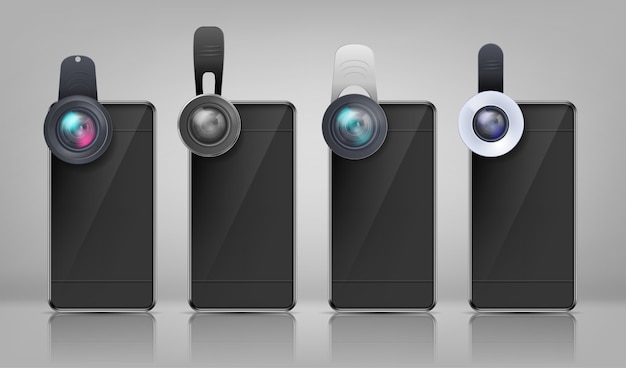 様々なクリップ式レンズを備えたリアルなモックアップ、黒いスマートフォン